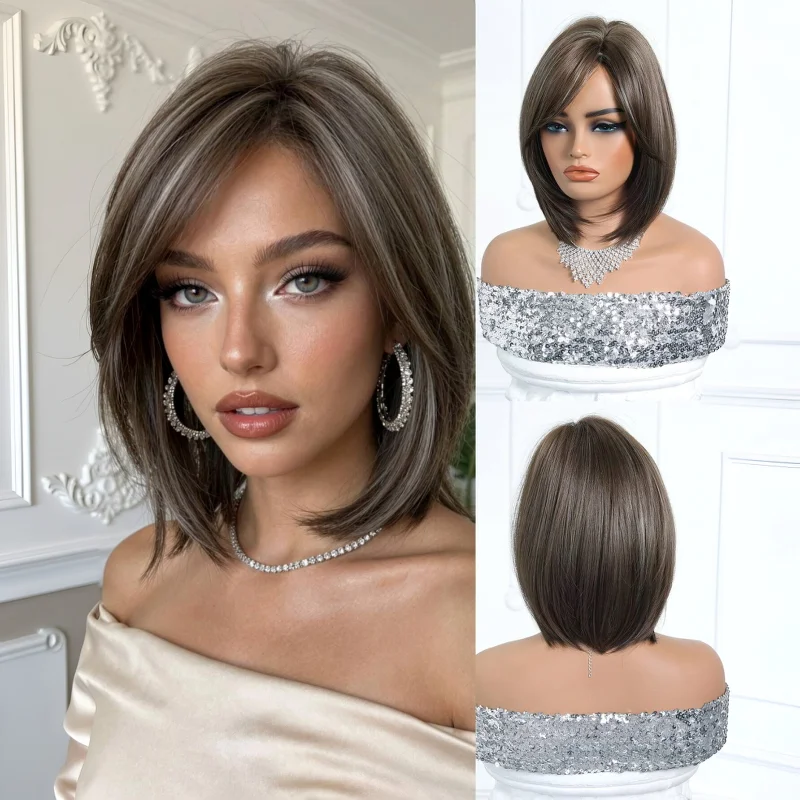 Kurze, gerade, synthetische Perücke, grau-blond, Ombre, hitzebeständige Faser, natürlich aussehend, für den täglichen Gebrauch, Party, Cosplay, für Frauen im Alltag – Detail 9