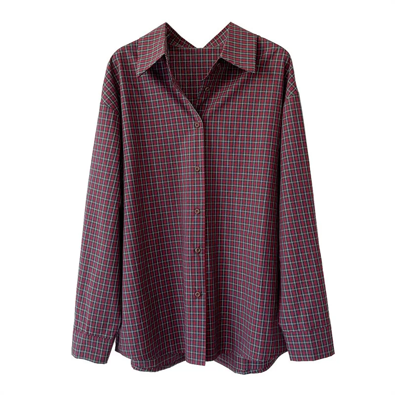 

2025 Spring and Autumn women's top,retro casual style striped checkered shirt, loose and loose women's shirt made of pure cotton