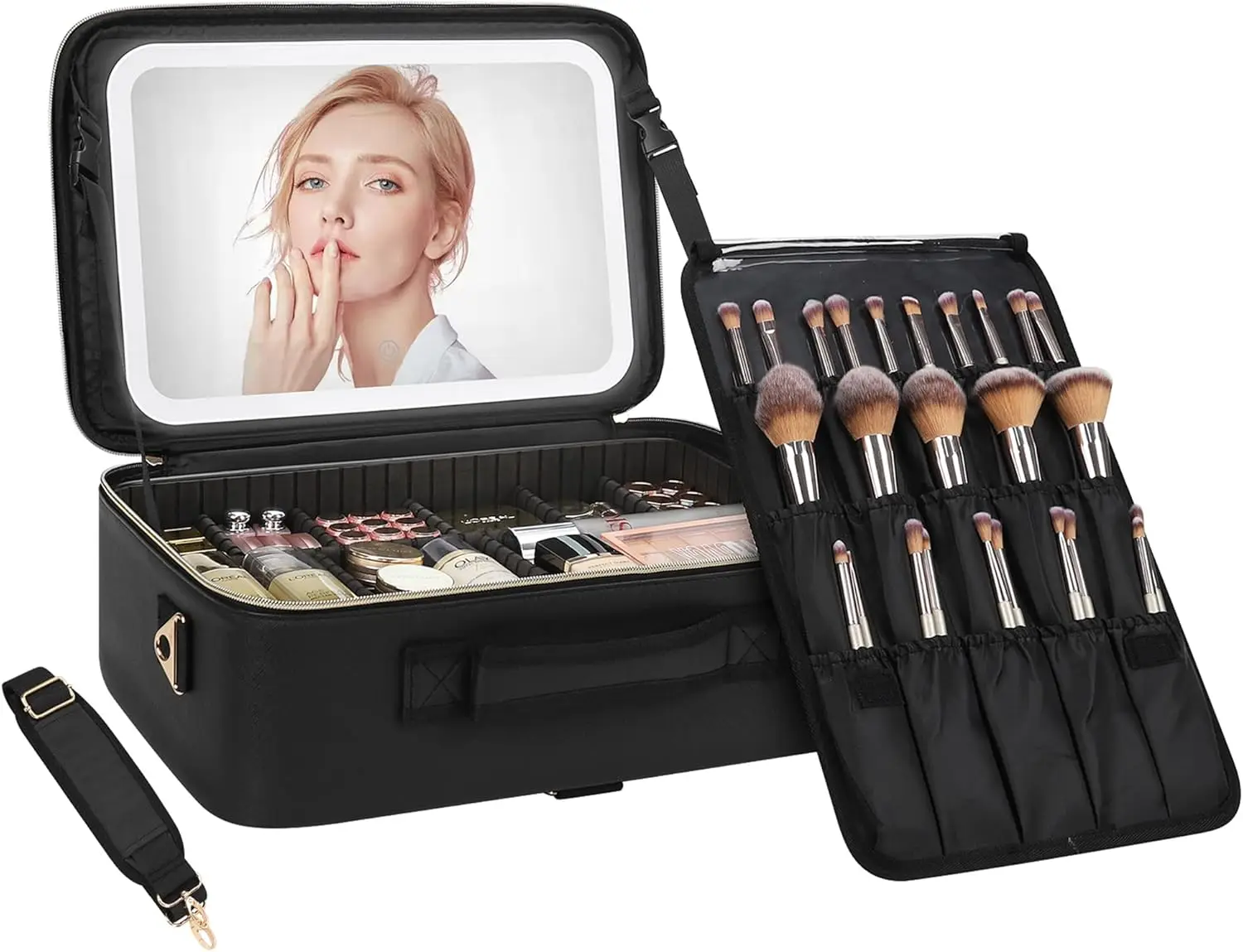 

Large LED Mirror Makeup Bag with Adjustable Dividers, USB Rechargeable Light, Travel Organizer Case for Professionals