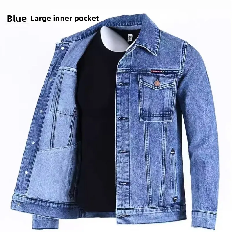 Wear-Resistant Loose Casual Workwear Jeans Jacket for Men Large Size Multi-Pocket Loose Fit Denim Coat Youth Trend Autumn Season