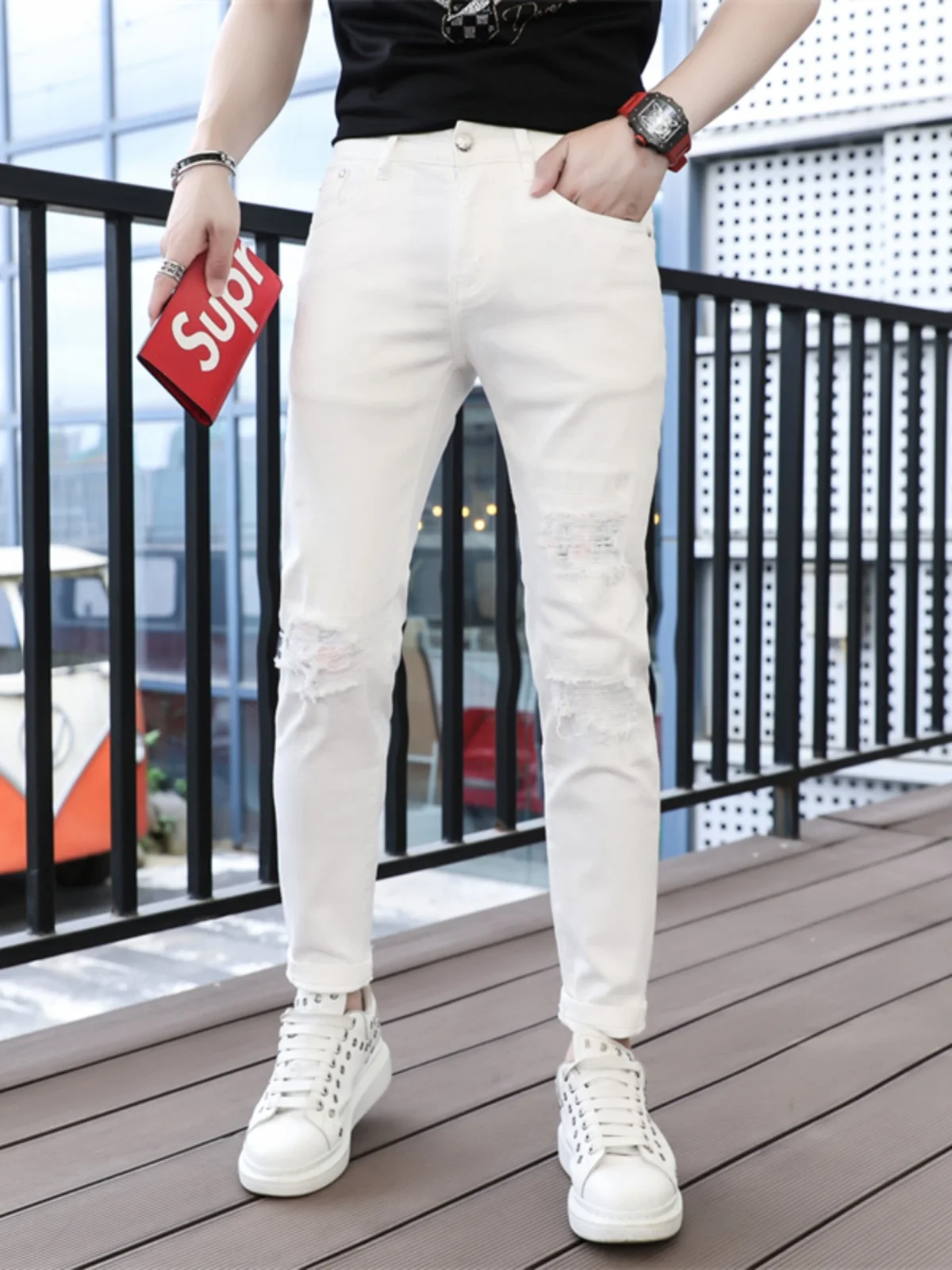 

High-End Hong Kong Men's Summer Thin Denim Jeans White Ripped Slim Fit Korean Fashion Casual Wear Resistant mid Waist Zipper