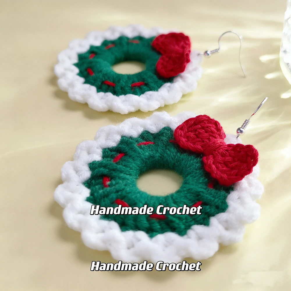 Crochet Fashion Merry Christmas Wreath Circle Hoop Earrings for Women Girls New Year Party Festival Jewelry Gifts