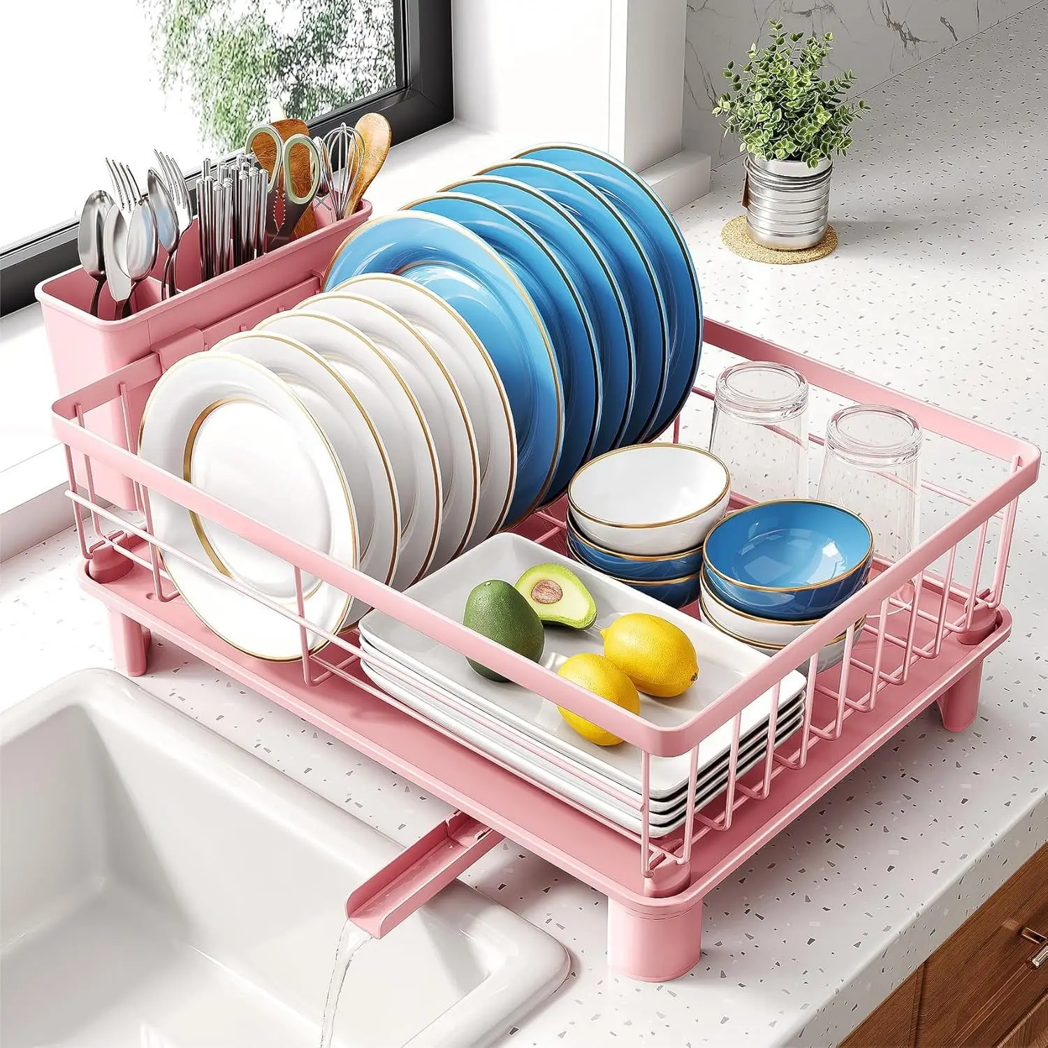 Narrow Design Multi-Functional Kitchen Sink Drain Rack Japanese-Style Dish Utensil Holder with Drainage Tray for Bowls