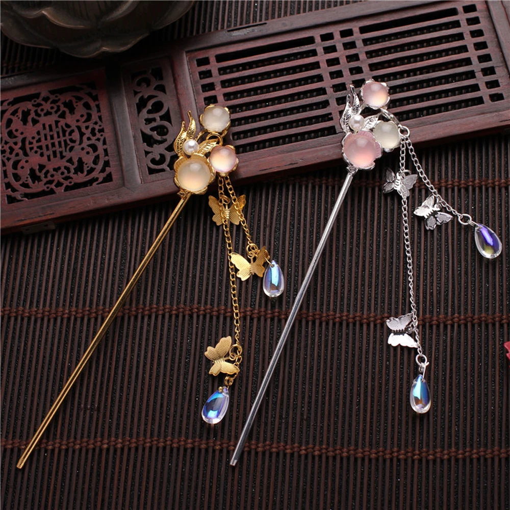 

Bridal Crystal Chinese Butterfly Tassel Ancient Style Pearl Hair Sticks Hanfu Hair Accessories Tassel Hairpin Plate Hair Fork