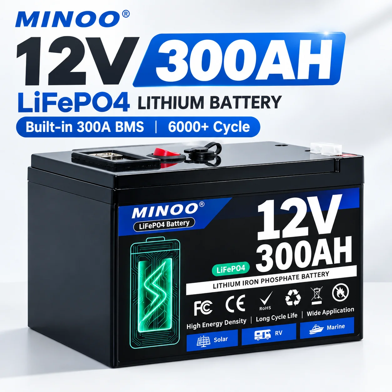 LiFePO4 12V 300AH 12V 200AH Battery Free Charger 12V Lithium Battery Built-In 300A BMS 6000+ Cycle For Solar RV Marine Energy