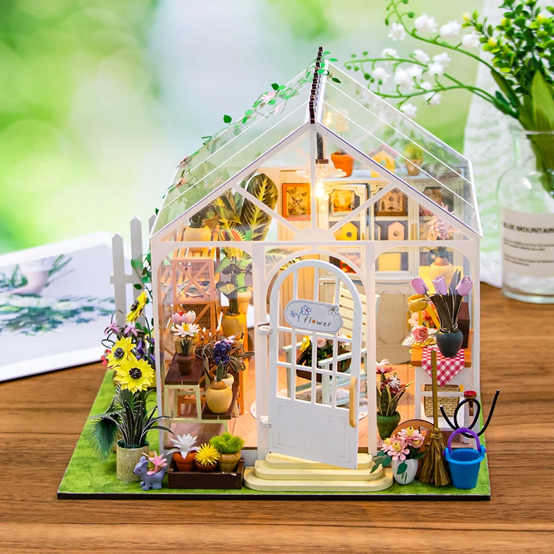 DIY Houten Miniatuur Model Kit Sunshine Flower Cottage Casa Poppenhuizen 3D Puzzel Poppenhuis Met Meubels voor Vrienden Geschenken