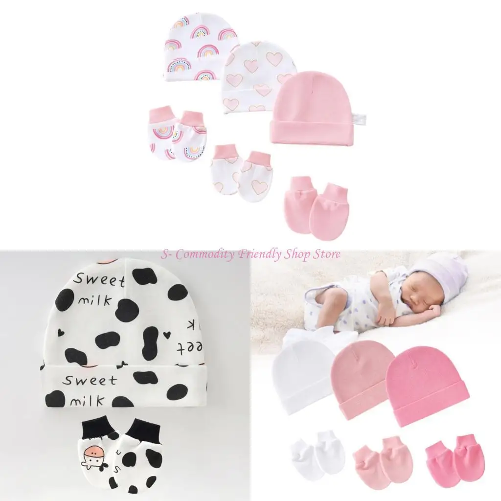 

85AE 3 Set Newborns Nursing Caps and Mittens Machine Washable Baby Fetal Hat Gloves for 0 to 1 Month Soft Fabric Headgear