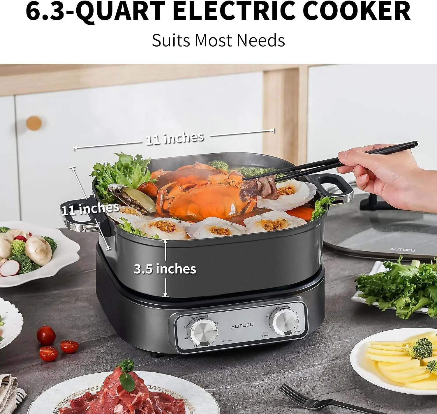6 Quart Electric Skillet Grill Nonstick PFOA Free Ceramic Coated Pot 1600W Timer 3 Power Settings Steak Egg Ramen Includes Tongs