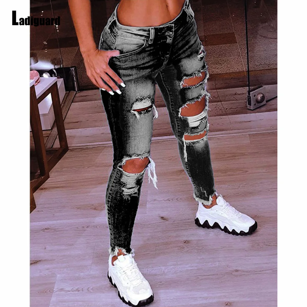 Large Big 5XL Women Sexy Hole Ripped Jeans Demin Pants 2023 Spring Femme Mid Cut Jean Bottom Womens Elastic Waist Denim Trousers