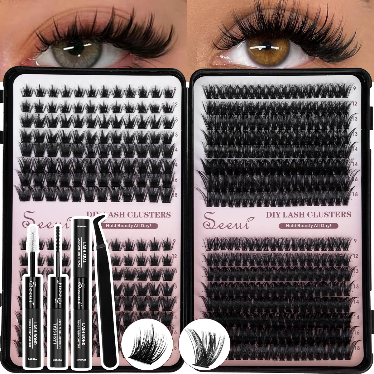 Wimpernbüschel-Set, Einzelne Wimpernbüschel-Verlängerungen, Wispy-Wimpern mit Wimpernkleber und Versiegelungsmittel sowie Pinzetten, Mix-Stile, Halloween – Detail 7