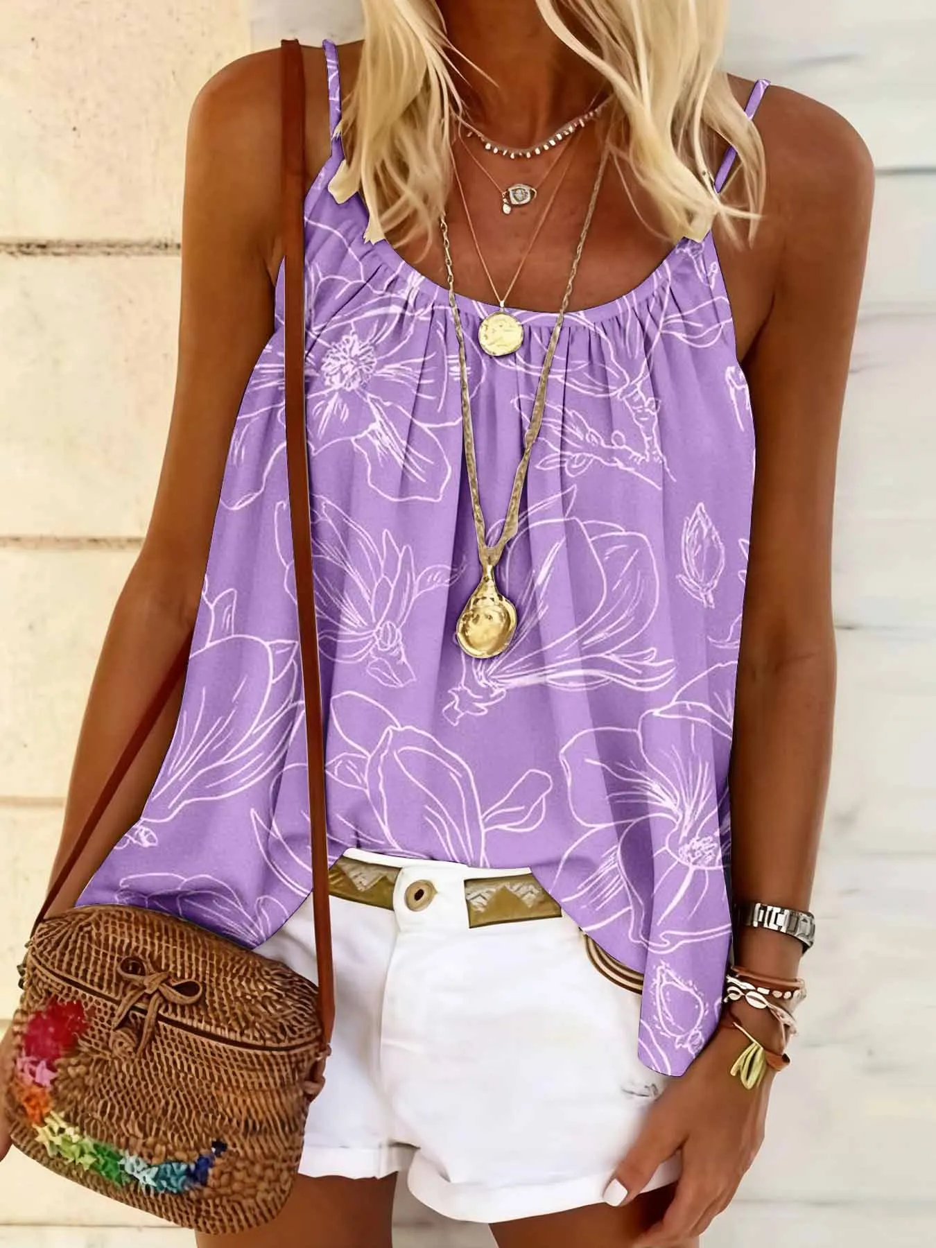 Sommerliches, lockeres Camisole-Top mit Rundhalsausschnitt, bequem, hautfreundlich, lässig, vielseitig, temperamentvolles Oberteil für Damen – Detail 13