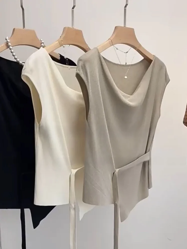 Top de Punto de Seda de Hielo, Sin Mangas, Informal, Color Puro, Estilo Casual, Tendencia de Moda Verano 2025, Corte Regular,...