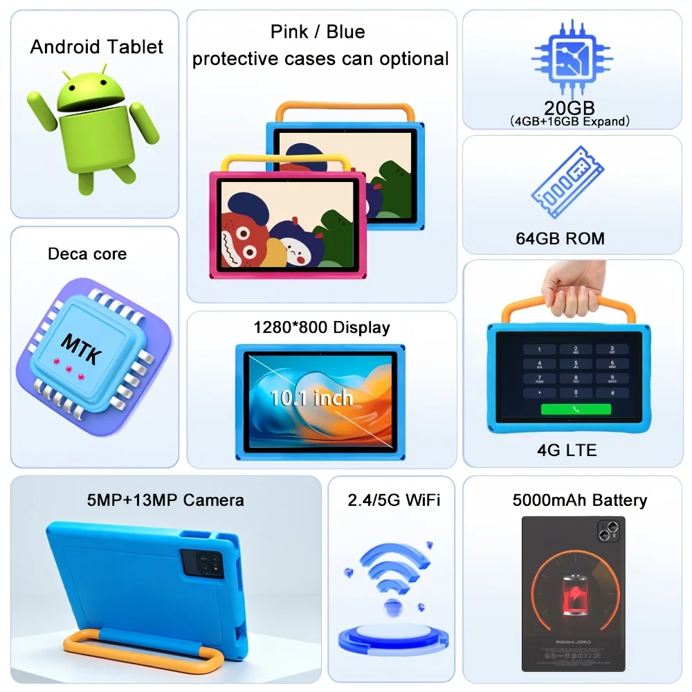 KOOMDIGI 10.1 Inch Android 4G LTE Tablet PC MTK6755 Octa Core 20GB RAM (4GB+16GBExpand) 64GB ROM 1280×800 IPS Display Dual Band 2.4G/5G WiFi 5000mAh 5MP+13MP Dual Camera 4G Calling