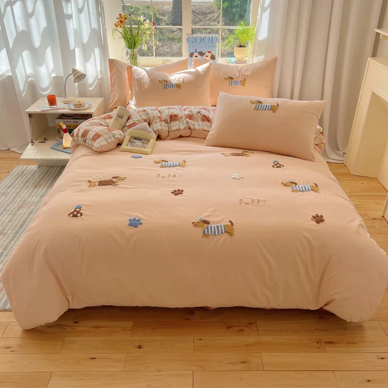 New Cartoon Duvet Cover Set Towel Embroidery Bedding Set Double-Sided Design Bed Sheet Set Adult and Children Bedroom Decor