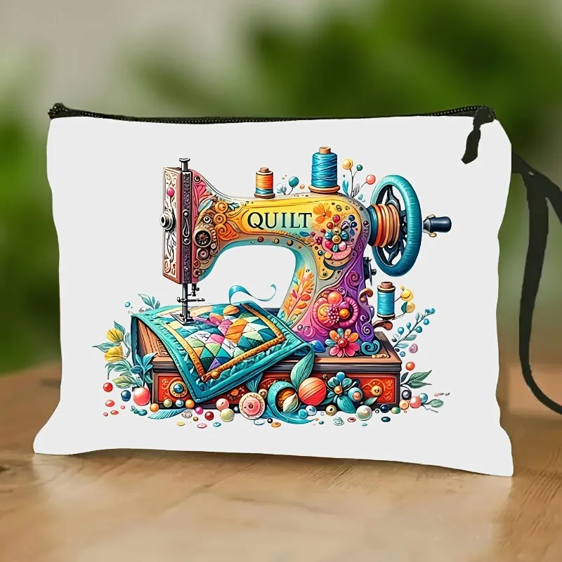 Colorful Vintage-Style Sewing Machine Pattern Storage Bag, Portable And Durable Makeup And Toiletry Bag with Wrist Strap, Handma