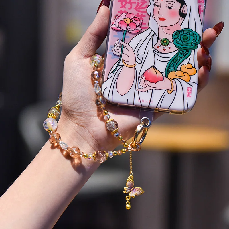 اليدوية حبة قصيرة الهاتف المعصم سلسلة الذهب احباط عقد بحلية متدلية على شكل فراشة ضوء فاخر كريستال الهاتف الحبل لمنع فقدان العالمي