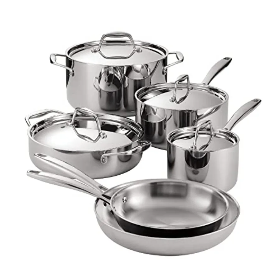 

Kitchen cookware set: tri-ply clad stainless steel, silver, induction-ready and dishwasher-safe for professional use