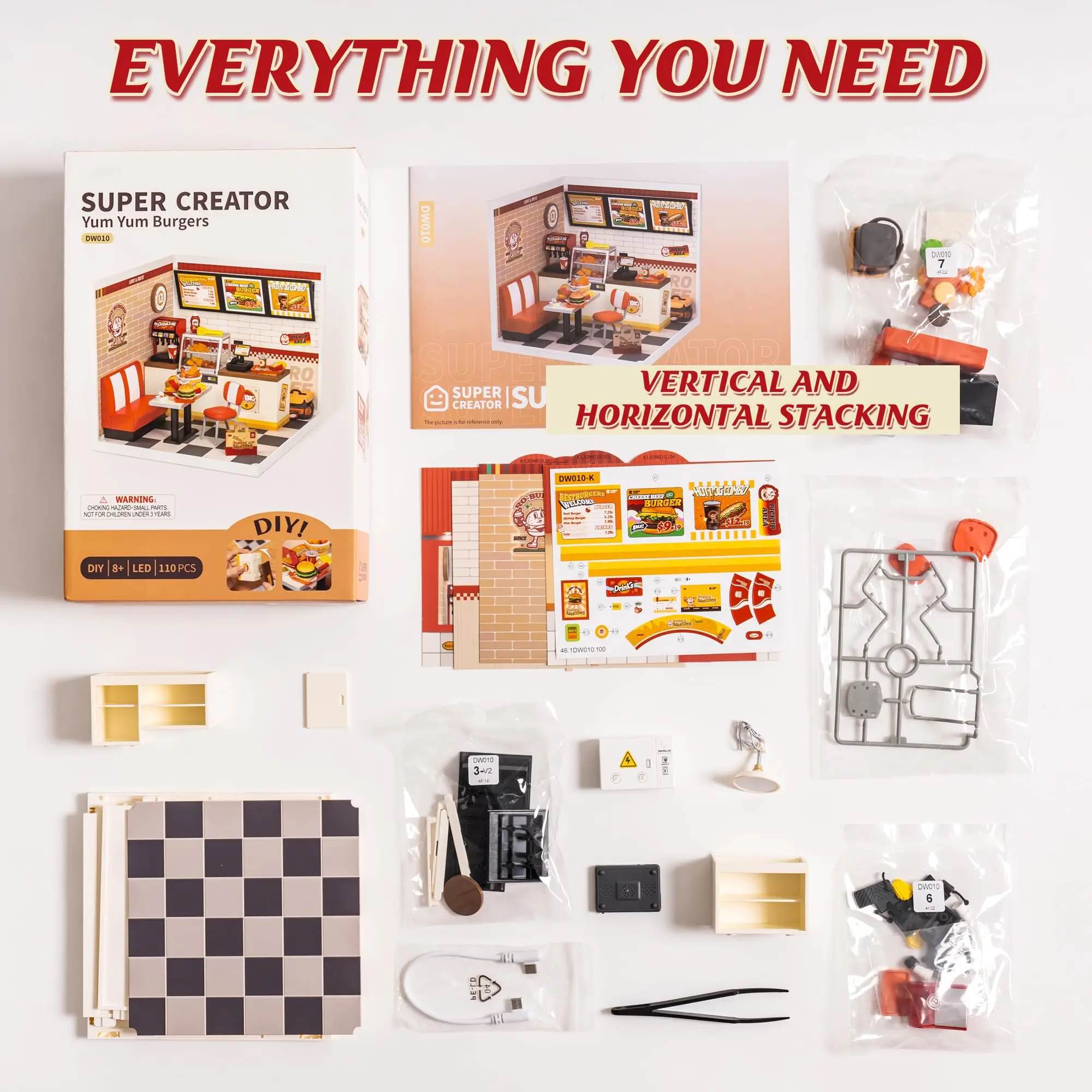 ROBOTIME Kit de casa em miniatura DIY, kit de artesanato de construção de modelo de casa de bonecas com LED, presente de coleção de decoração de quarto para crianças (loja de hambúrguer)