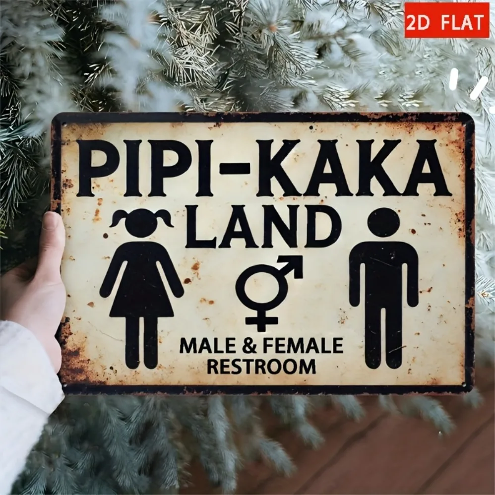Sinal retrô de ferro para banheiro "'Pipi-Kaka Land": arte de parede plana 2D brincalhona – decoração neutra de gênero para cafés, bares e estúdios