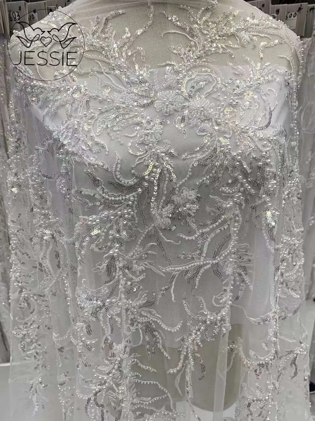 

2024 New Luxury White Sequins Beads French Lace Embroidery High-end Wedding Evening Lace Fabric Customized Women's Dresses