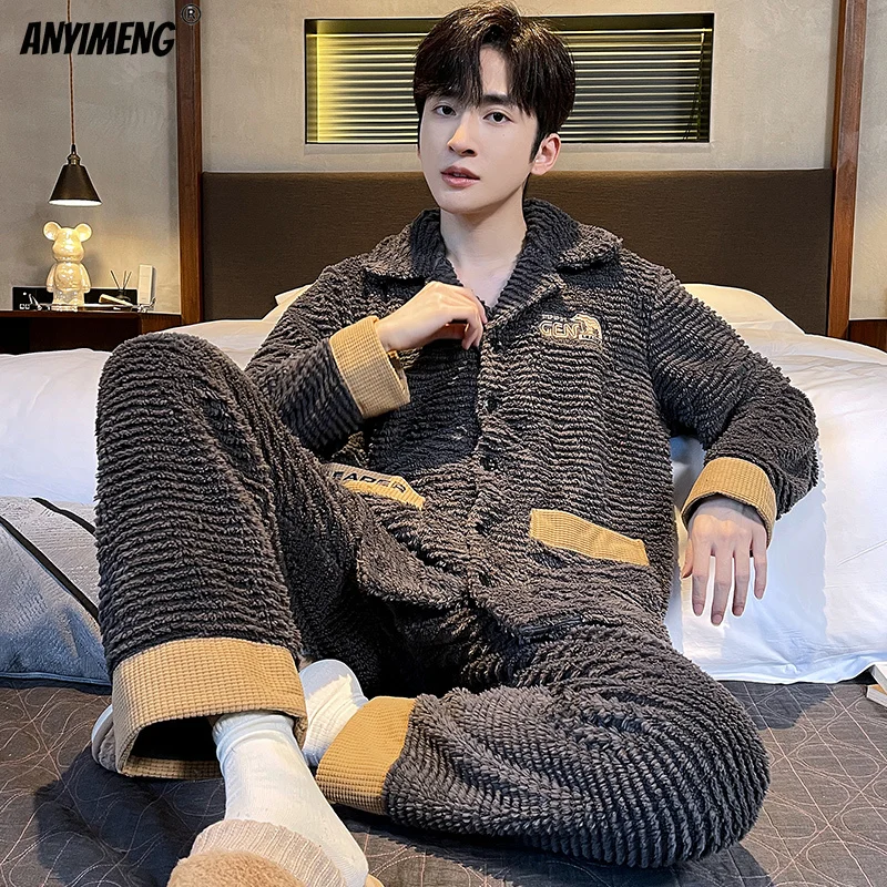 Elegant Mens Winter Thermal Pajamas Set L-4XL Turn-down Collar Teddy Sleepwear Thick Coral Pijamas Set Long Sleeves Men Homewear