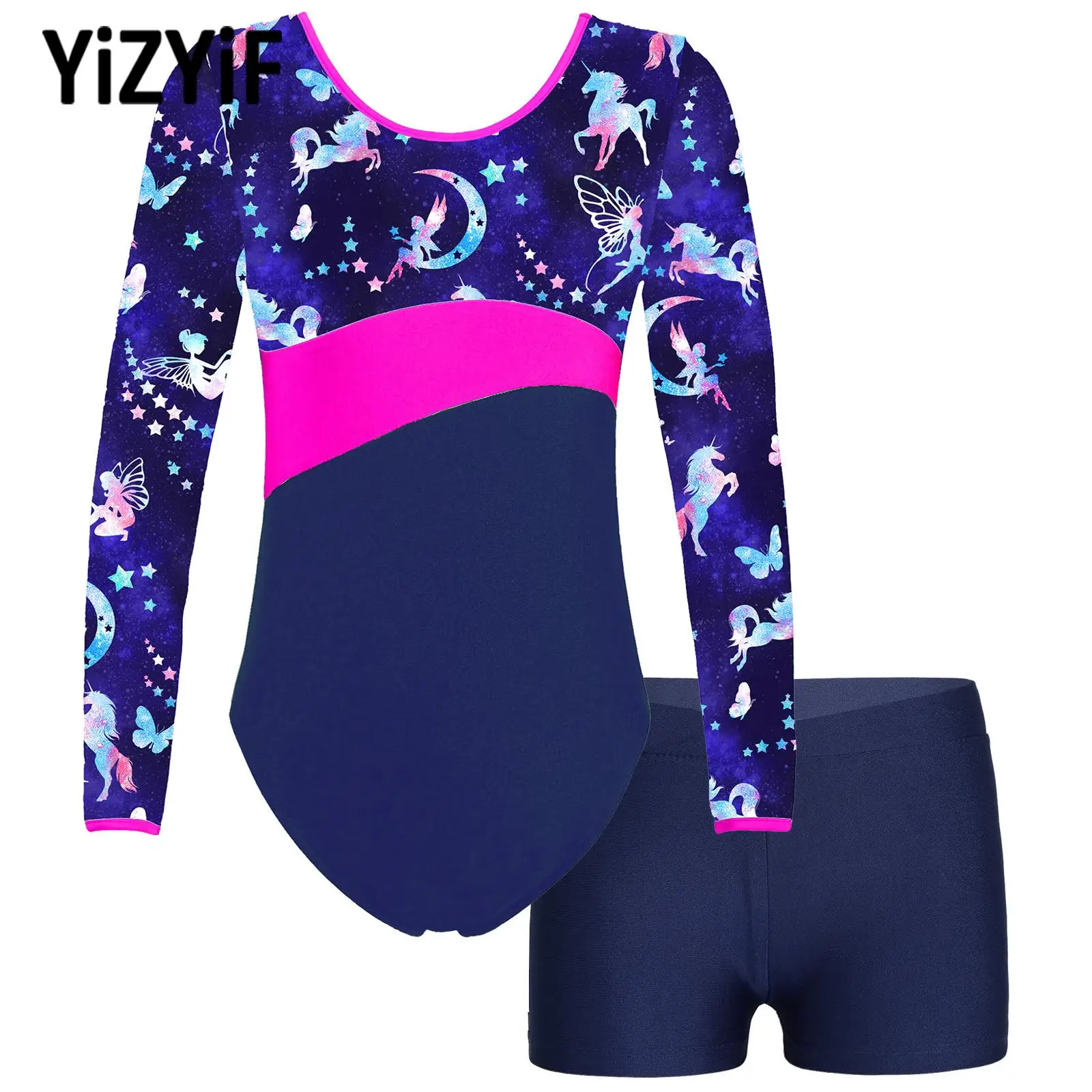 Kids Girls 2Pcs Long Sleeve Sports Suits Printed Patchwork Leotard+V-front Waistband Shorts for Dance Sports Gymnastic Workout