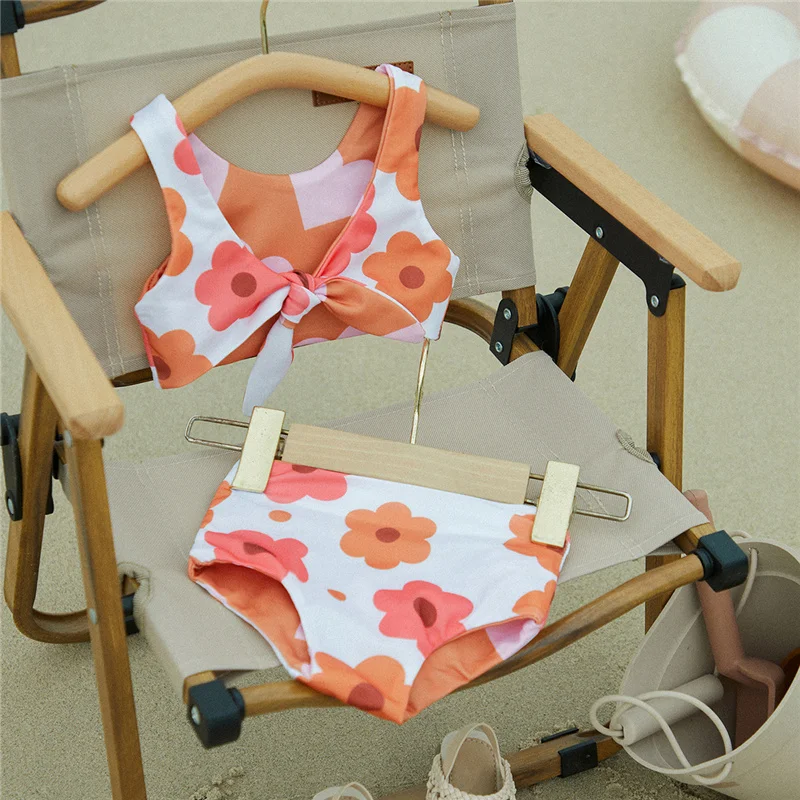 Suefunskry Infant Baby Girls Summer Swimsuit, Double Sided Flower Print V-Neck Front Knotted Vest + High Waist Shorts Bikini Set