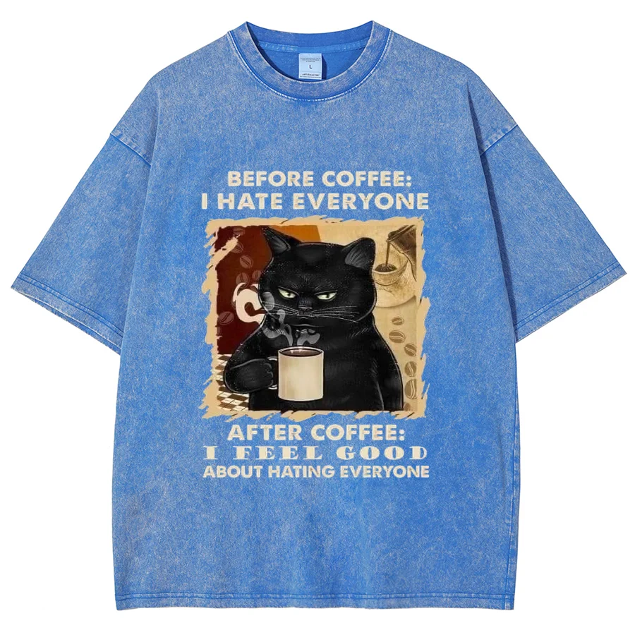 Black Lucky Cat Drinking Coffee Print Unisex T-Shirt Loose Plus Size Oversized Short Sleeve American Vintage Harajuku High Stree image 2