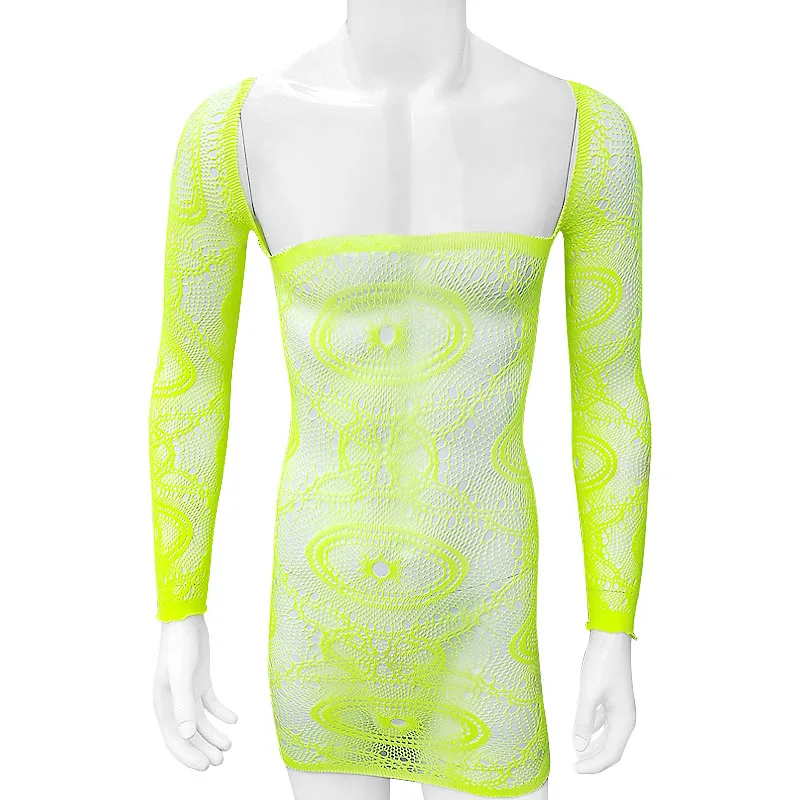 Men's Sissy Lingerie Sheer Mesh Long Sleeve Bodystocking See Through Fishnet Bodycon Mini Dress Crossdresser Gay Sleepwear