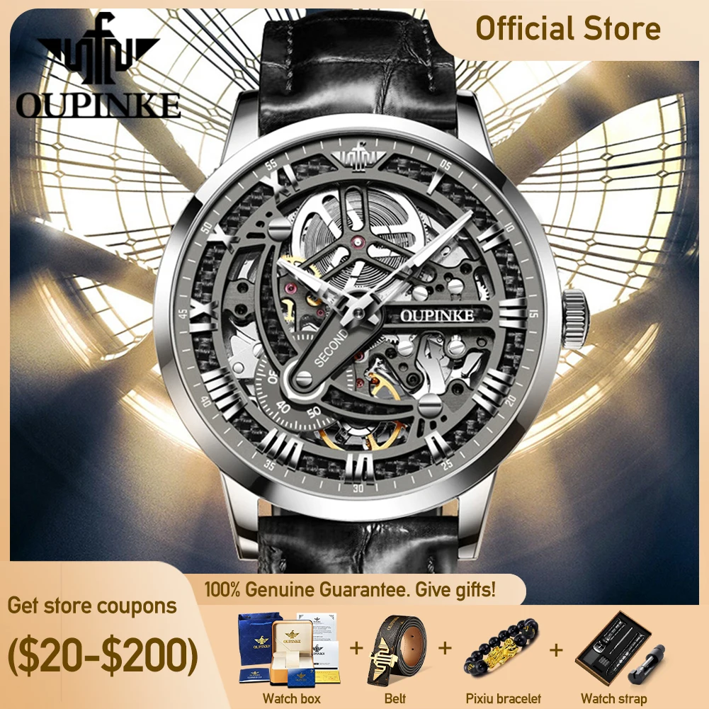 OUPINKE 3173 Top Brand Skeleton Automatic Mechanical Watches For Man Waterproof Sapphire Mirror Mens Watches Luxury Daily Dress