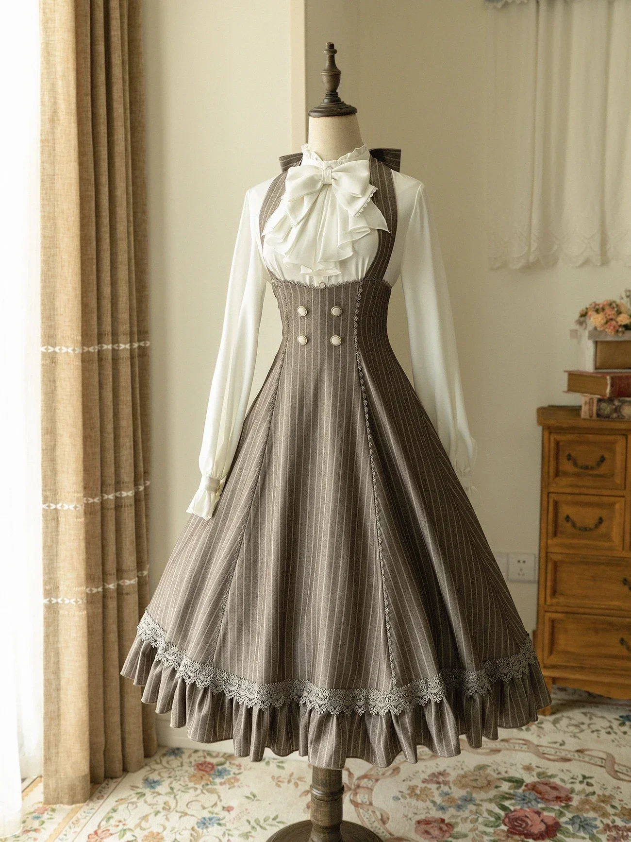 Original Japanese Vintage Long Dress Women Slim-Fit Spring Autumn Court Style White Lolita Inside Shirt Lady Halter Stripe Jsk