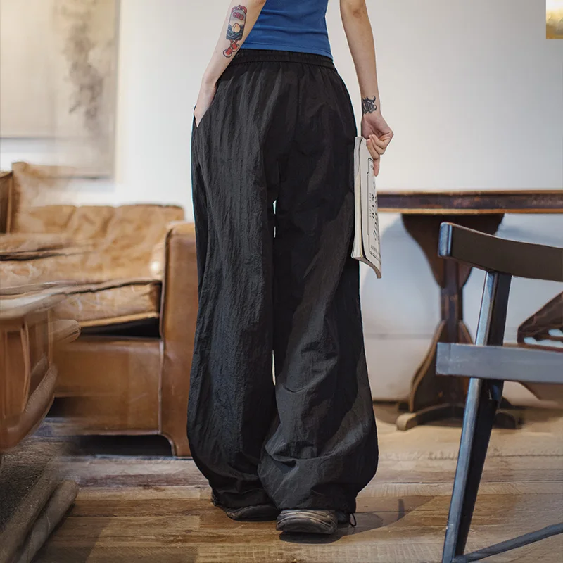 Maden المرأة السوداء سريعة الجافة السراويل البضائع غير رسمية واسعة الساق الرباط مرونة الخصر السراويل الصيف في الهواء الطلق مطاطا الكاحلين بنطلون