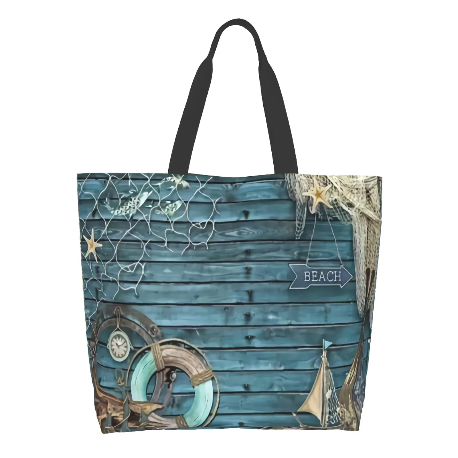 Blue Nautical Anchor Rustic Beach Wood  Stripes Canvas Tote Bag for Women Weekend Kitchen Grocery Bags