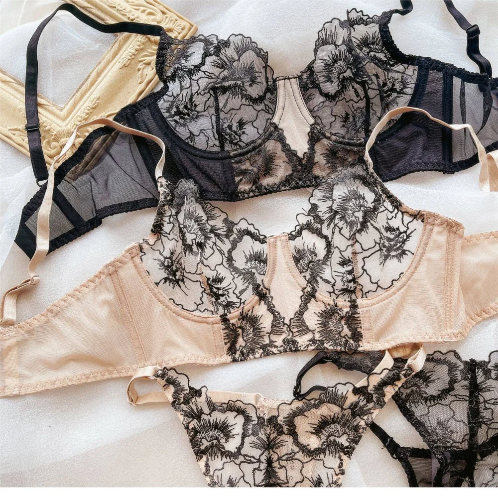 French Ultra Thin Women Underwear Set Sexy Lace Flowers Embroidery Bra Summer Ladies Wide Version Breathable Lingerie Thong Sets