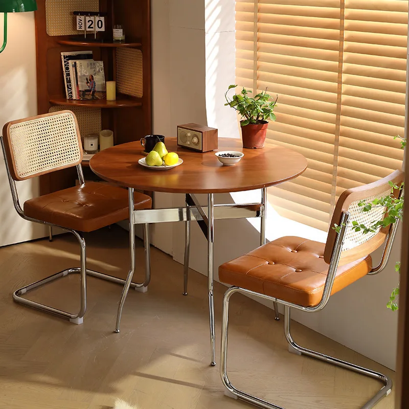 French Style Solid Wood Round Dining Table and Chair for Small Households, Foldable Stainless Steel Walnut Table for Negotiation