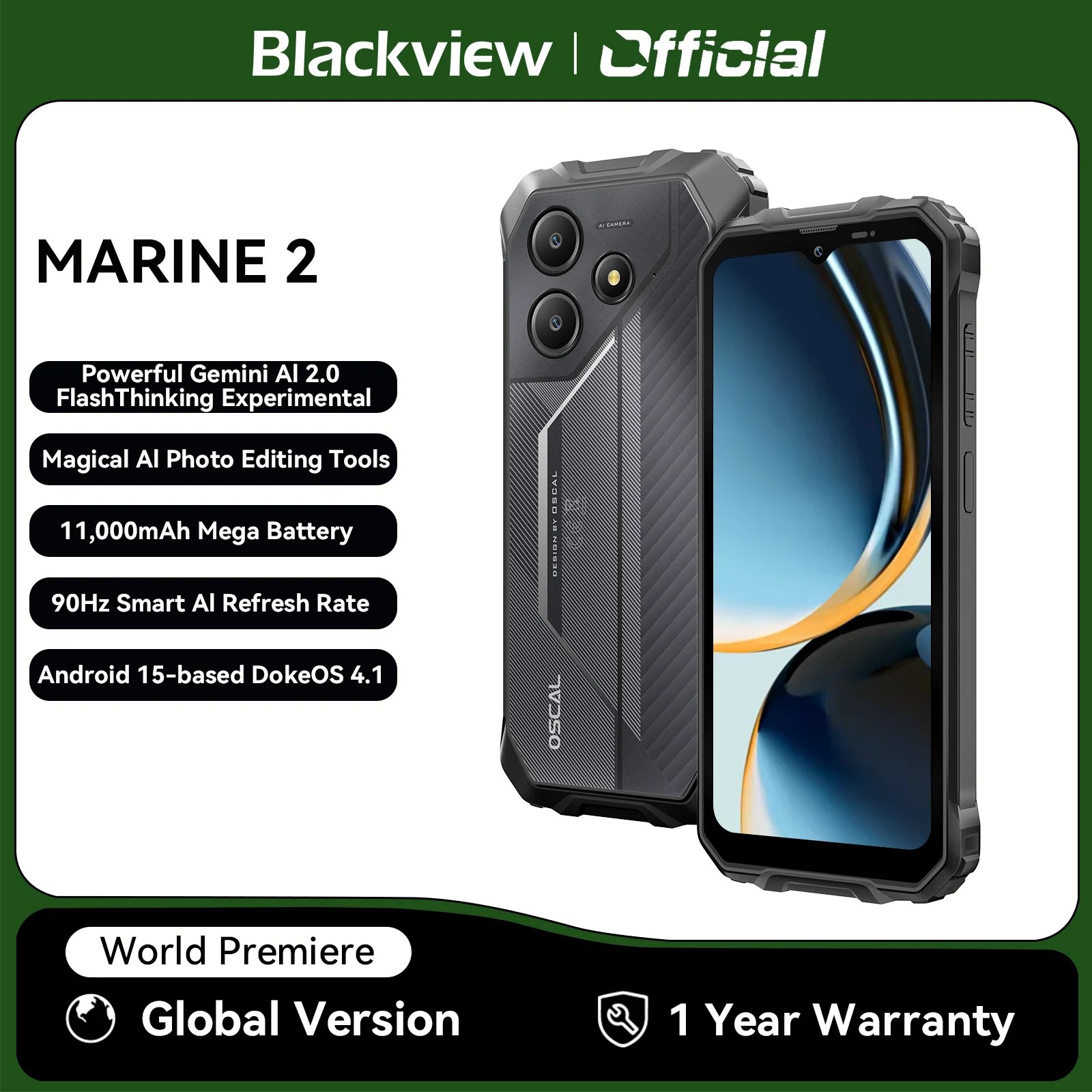 Blackview OSCAL Marine 2 Rugged Smartphone AI, 6.56'' HD+ Display, Unisoc T615, 24(8+16)GB 256GB, 11000mAh, Android 15 Phone NFC