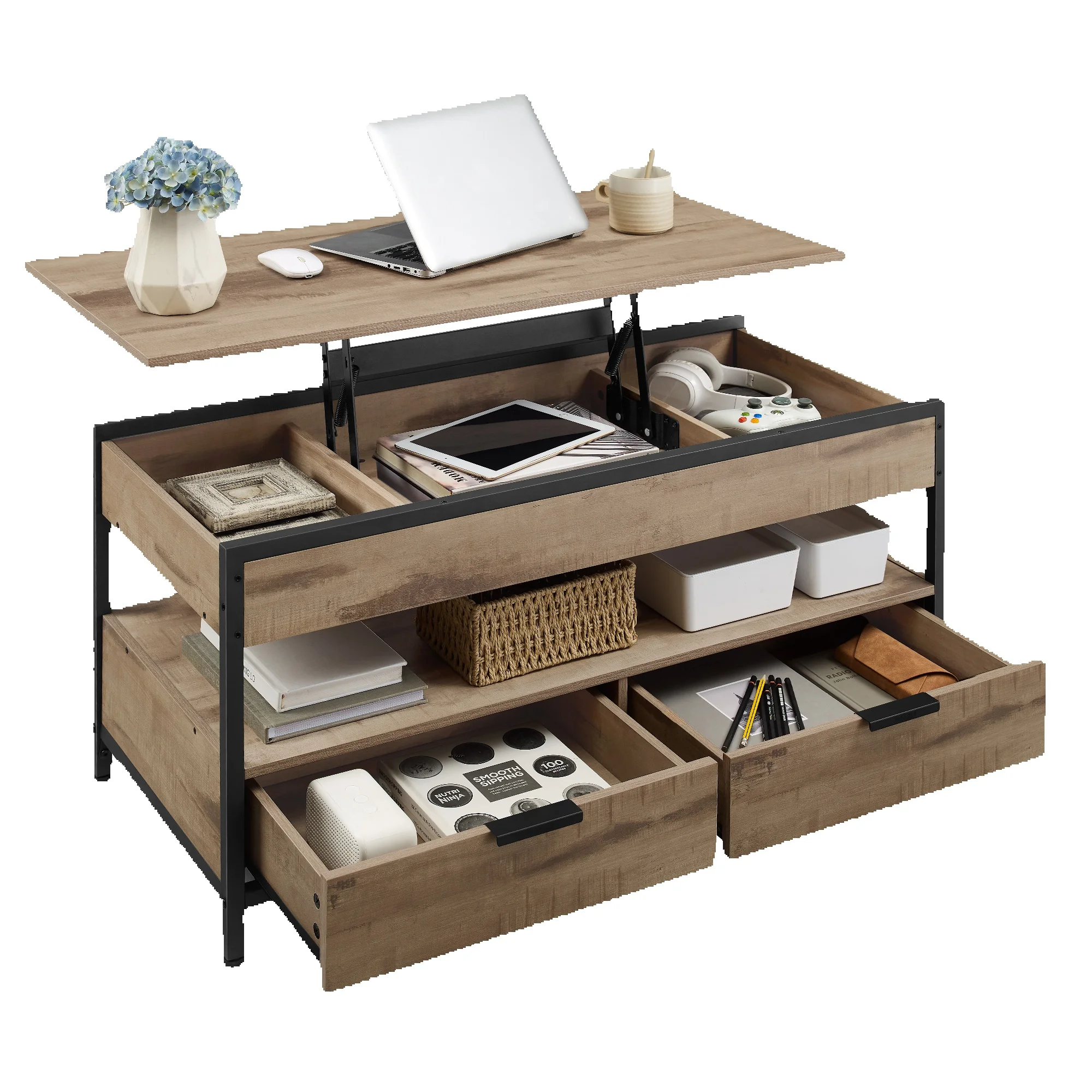 VASAGLE salontafel, in hoogte verstelbare woonkamertafel, salontafel, met lades, open vak, 50x100 x (48-63)cm