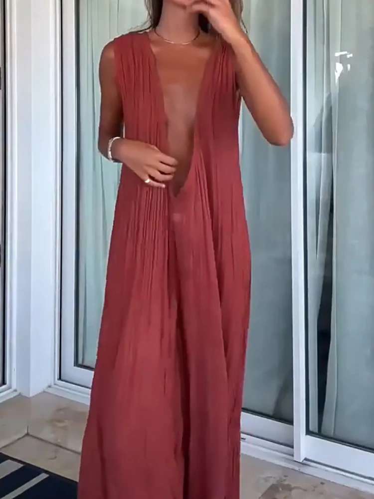 

Summer Deep V Sleeveless Loose Playsuit Simple Solid Color Lace Up Waist Women's Jumpsuit Casual Pleated Design Beach Rompers