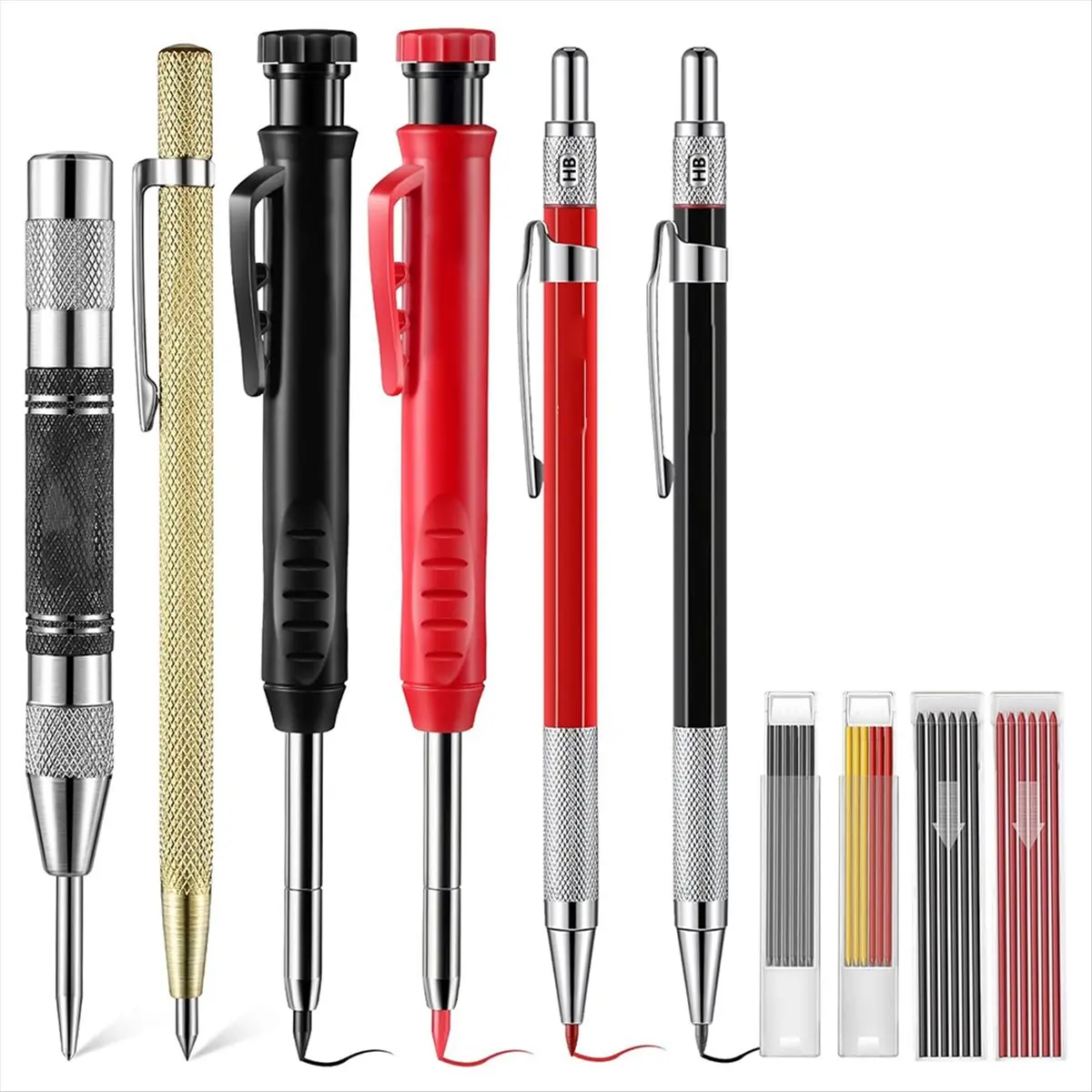 AA77 NEW  Carpenter Pencil Set, 4 Colorful Solid Carpenter Pencils with Sharpener, Refills, Automatic Center Punch