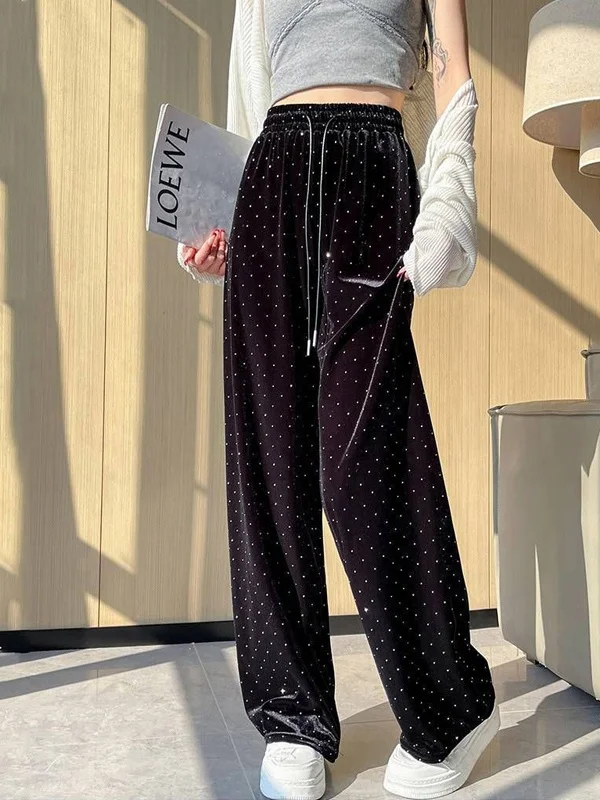 High Waist Shiny Gold Velvet Wide Leg Sports Pants Women's Casual Loose Drapey Star Straight Casual Pants Sweatpants