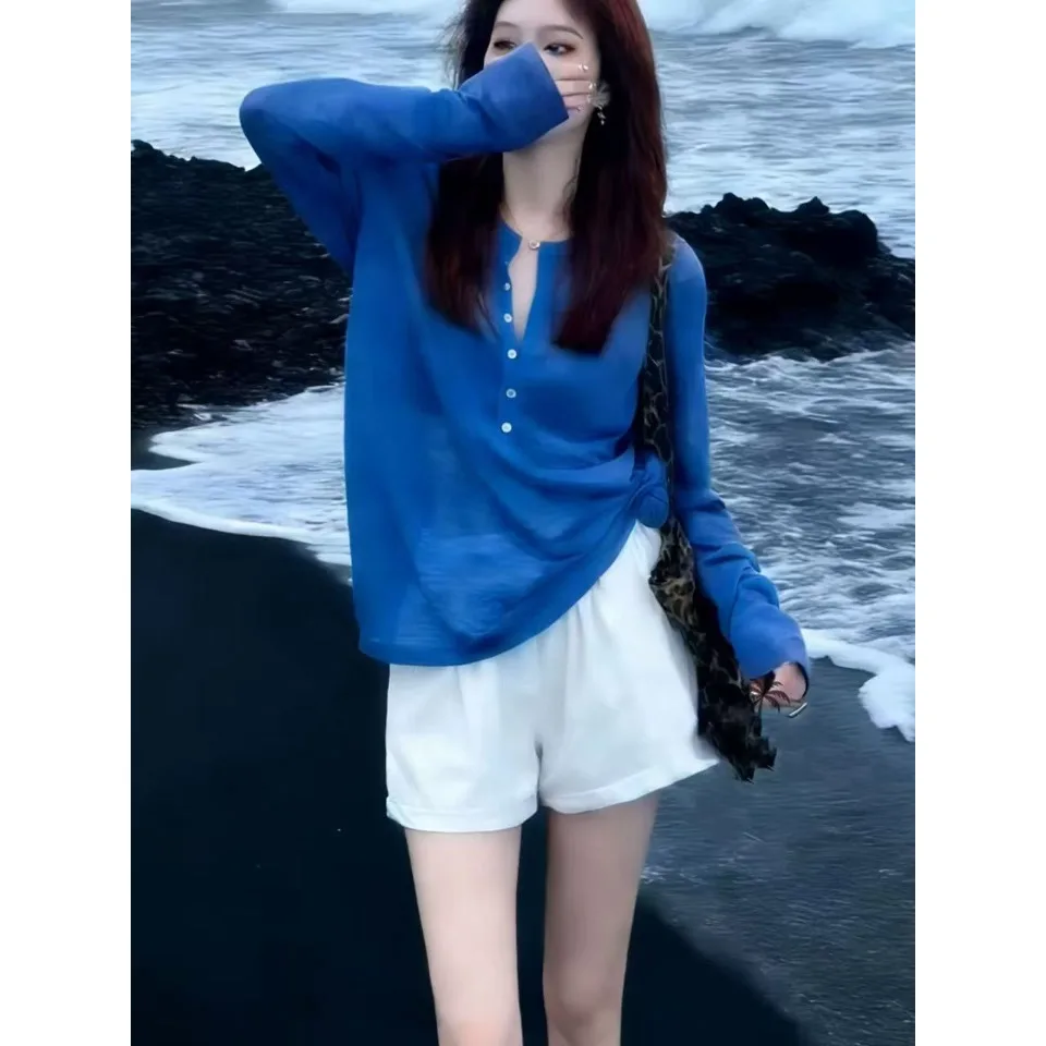 

Spring Summer New Ice Silk Thin Knitted Loose Long Sve Sun Protection Top Women's Casual Comfortable Breathable Pullover