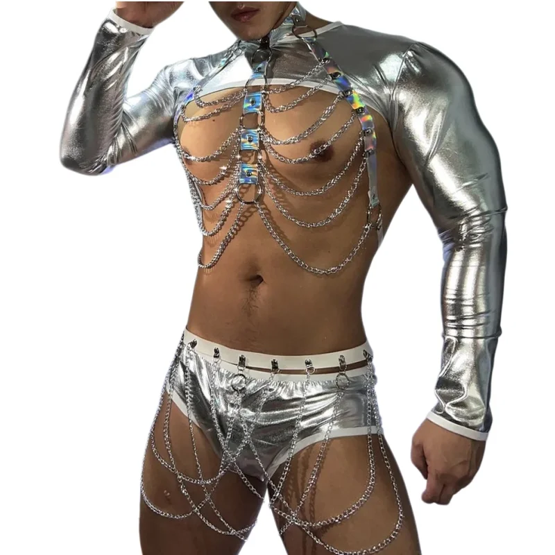 Sexy Nightclub Bar DJ Gogo Pole Dance Costume Silver Laser Tops Shorts Waist Chains Rave Outfit Party Show Performance Clothes