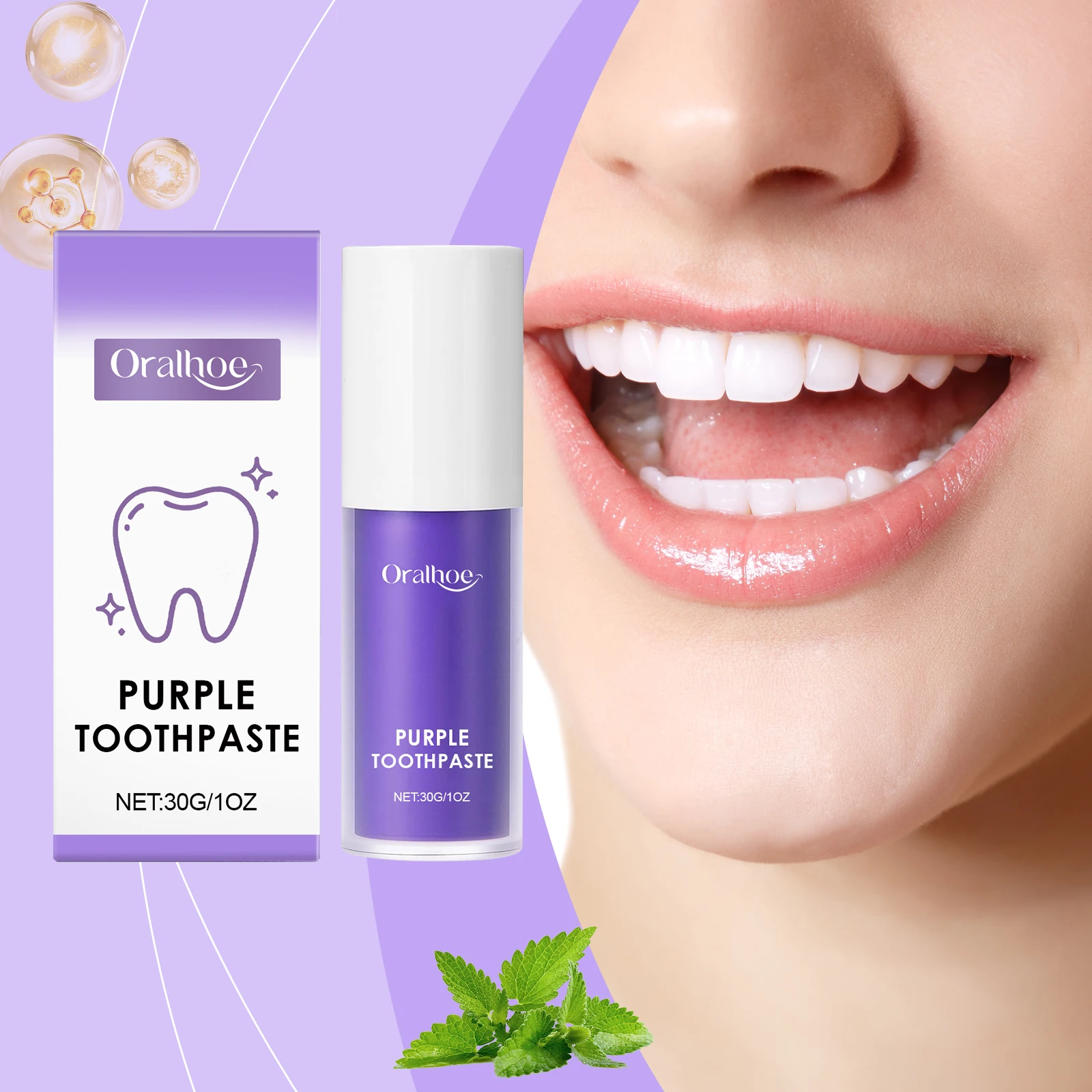 

Фиолетовая отбеливающая зубная паста для чистки зубов, уменьшения налета, устранения пятен и неприятного запаха изо рта, для свежего дыхания и ухода за полостью рта.