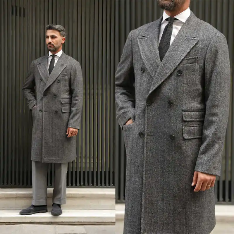 Casual Herringbone Men Long Overcoat Peaked Lapel Double Breasted Jacket Blazers Wool Blends Customized One Piece