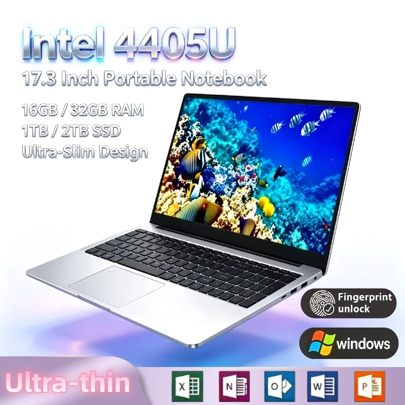 Intel Pentium 4405U 17.3 Inch Full Size Gaming Laptop 16GB RAM 2TB SSD Fingerprint Unlock Work Notebook High Performance Max