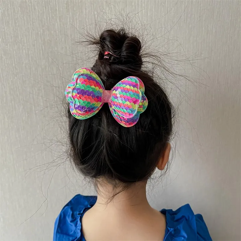 女の子のためのヘアクリップの長いグラデーションカラースパンコール、キラキラの大きな弓、子供のためのヘアクリップ、かわいいカワイイプリンセス、妖精のヘアピン、ファッションアクセサリー、5個