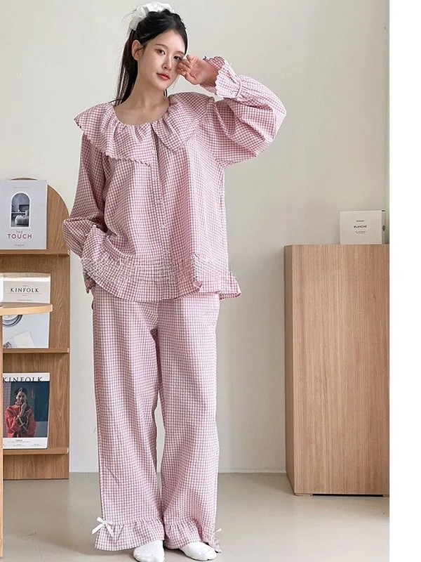 pure-cotton-spwear-women's-long-sve-button-down-plaid-embroidered-lace-trim-large-collar-home-clothes-spring-autumn