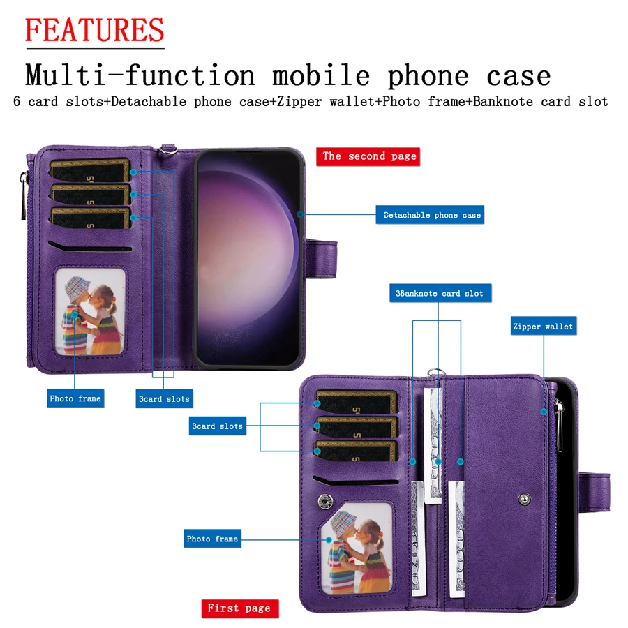 Wallet Multi-card 2-in-1 Zipper Magnetic Flip Leather Case For Samsung Galaxy S24 Ultra S23 Plus S22 S21 S20 FE A14 A15 A34 A54