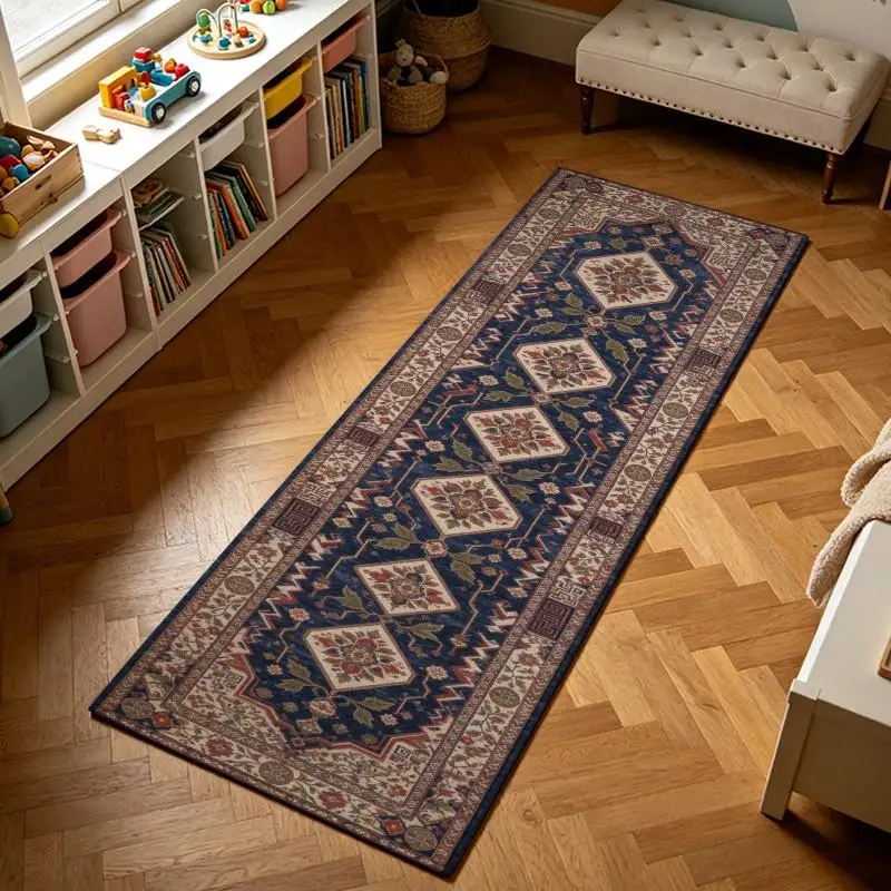 Boho Vintage Navy Diamond Medallion Runner Rug Washable Hallway Long Carpet for Entryway Kitchen