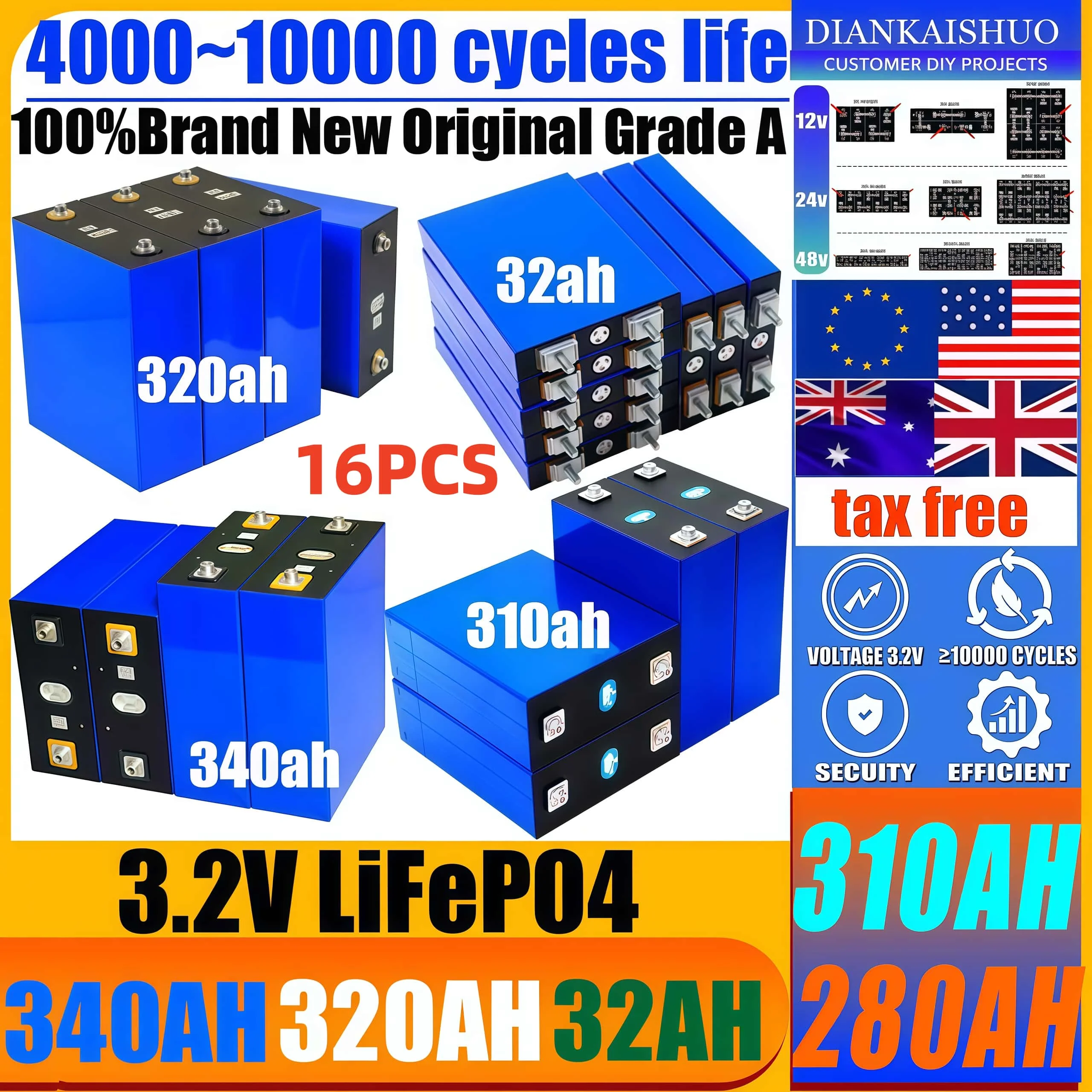 A-class 3.2V 340AH 320AH 310AH 280AH 32AH lifepo4 بطارية لتقوم بها بنفسك 48 فولت قارب كهربائي تخزين الطاقة الشمسية بطارية منزلية خالية من الرسوم #1